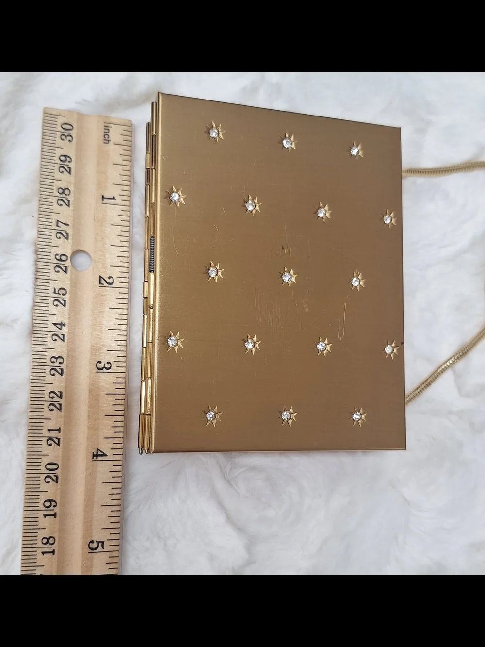 Gold Tone Starburst Rhinestone MCM Embellished Box Compact Clutch Mirror Handbag